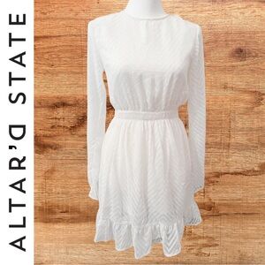 Altar'd State White Patterned Long Sleeve Mini Ruffle Dress / Size Small